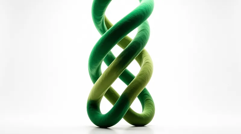 A green velvet-textured double helix structure is displayed on a clean white surface with soft lighting.
