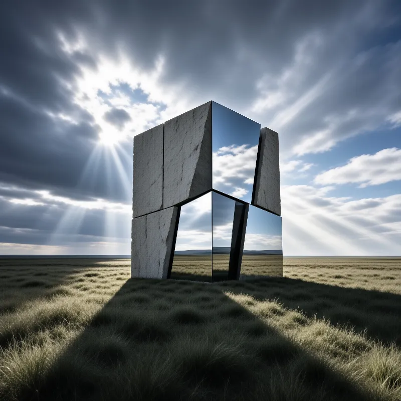 A geometric structure of concrete and mirrors stands in a grassy field under a dramatic sky with sun rays.
