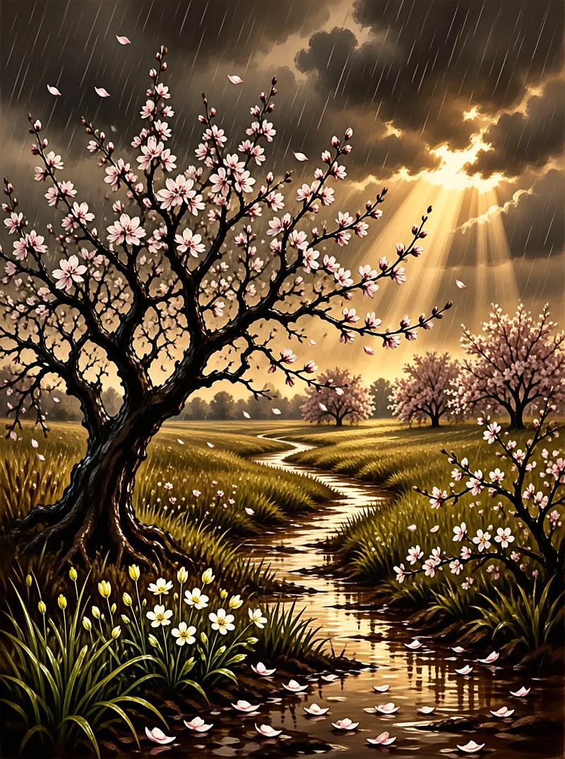 A large flowering tree stands beside a winding stream while rain falls and golden light breaks through the clouds.