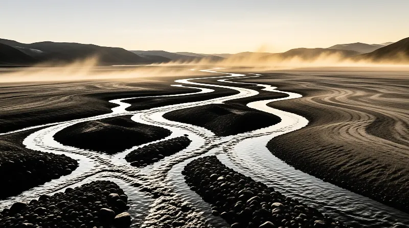 A meandering silver river snakes across black volcanic flats while low fog drifts over distant hills in warm dawn light