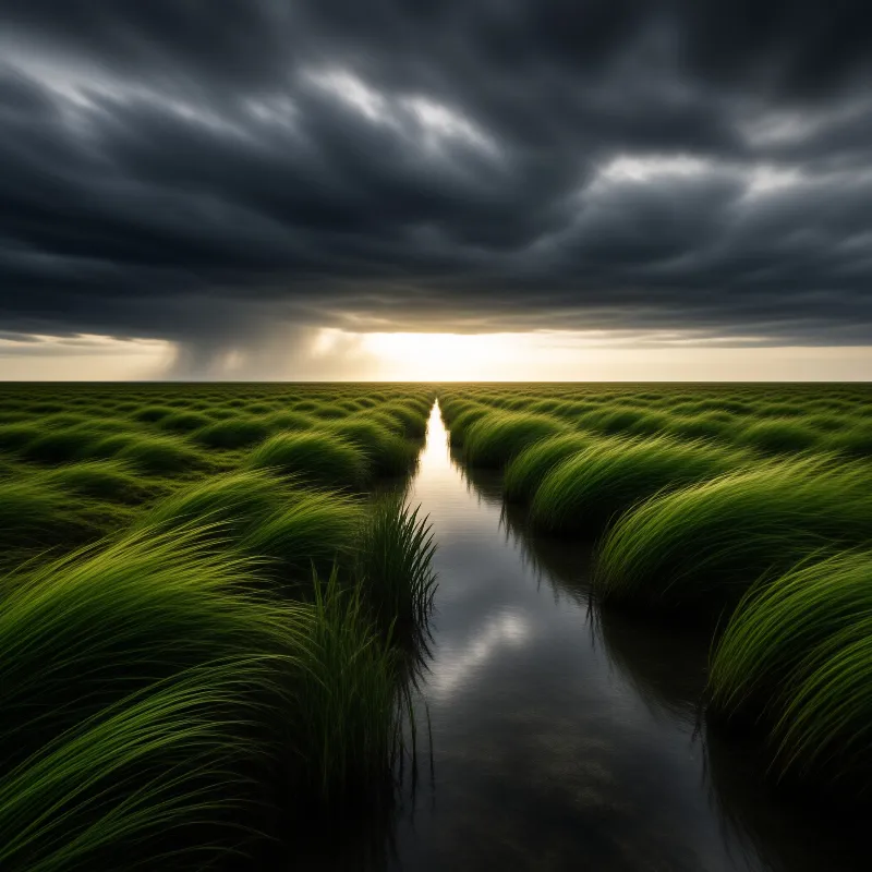 A narrow reflective stream cuts through lush green grass leading toward a bright horizon where sunlight breaks through dark storm clouds.