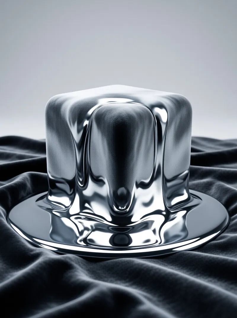 A shiny liquid metal mass rests on folded black cloth with bright white reflections of studio lighting.