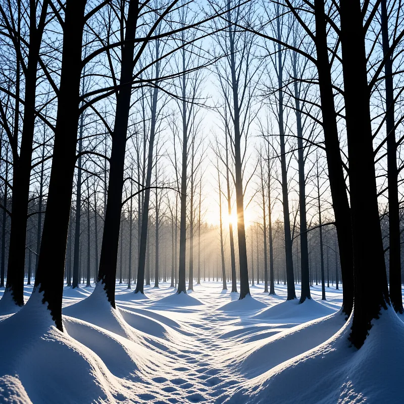 Tall bare trees stand in a snowy field while bright sunlight shines through the branches in the background.