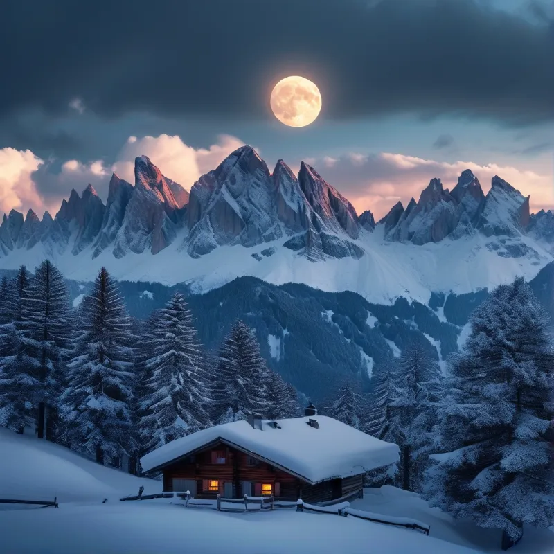 Snowy Cabin Under Full Moon