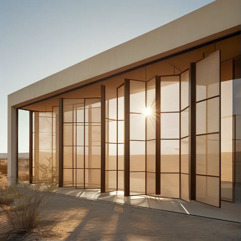 A modern structure with vertical mesh screens stands in an arid landscape basking in bright sunlight.