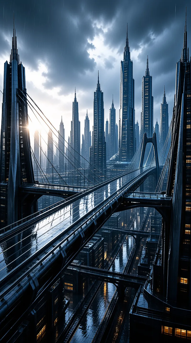 Wet cables and gleaming towers stack into a stormy skyline as the sun breaks through heavy cloud above a rain swept city.