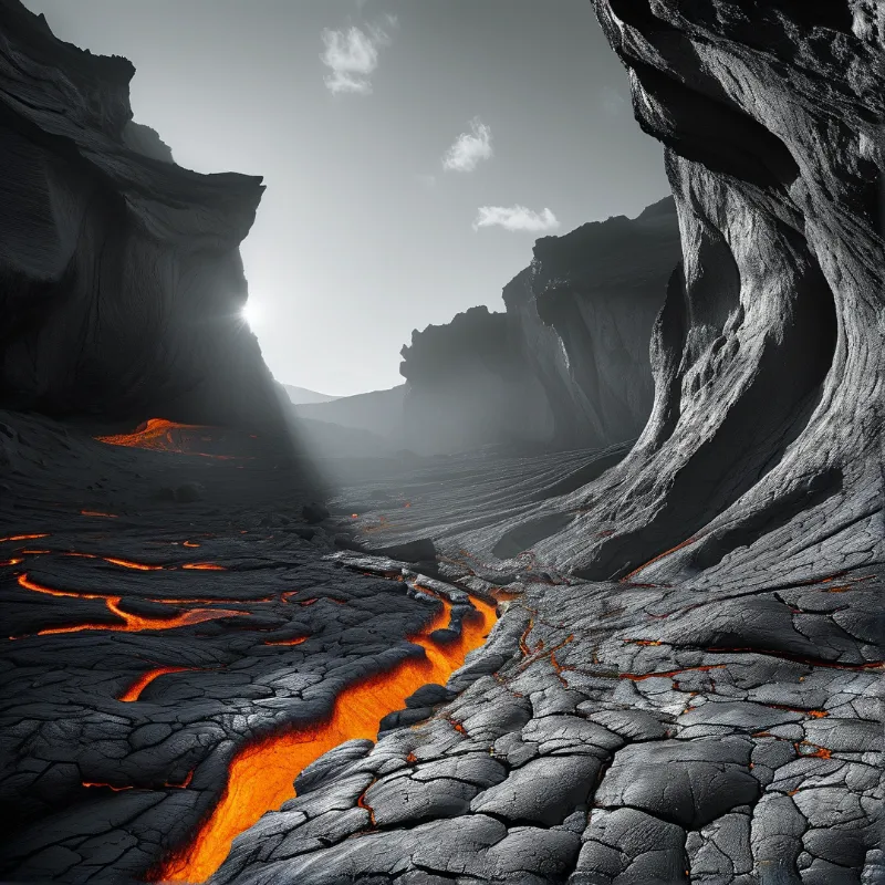 Glowing orange lava seeps through cracked black volcanic rock between towering cliffs under a bright hazy sun flare.