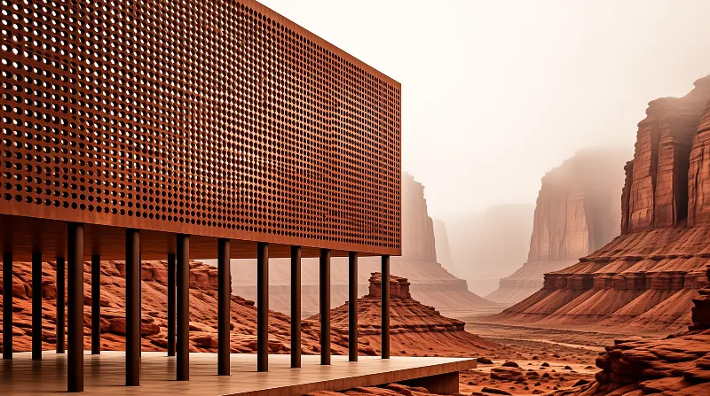 A rust colored perforated structure stands on thin pillars overlooking a misty red rock desert landscape under soft hazy light.