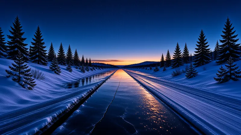 Frozen Winter Road at Dusk