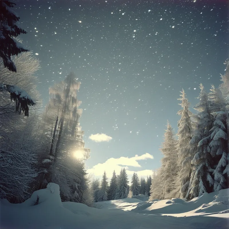 Snow-laden evergreens flank a quiet winter path as a low sun glows beneath a scattered starry sky.