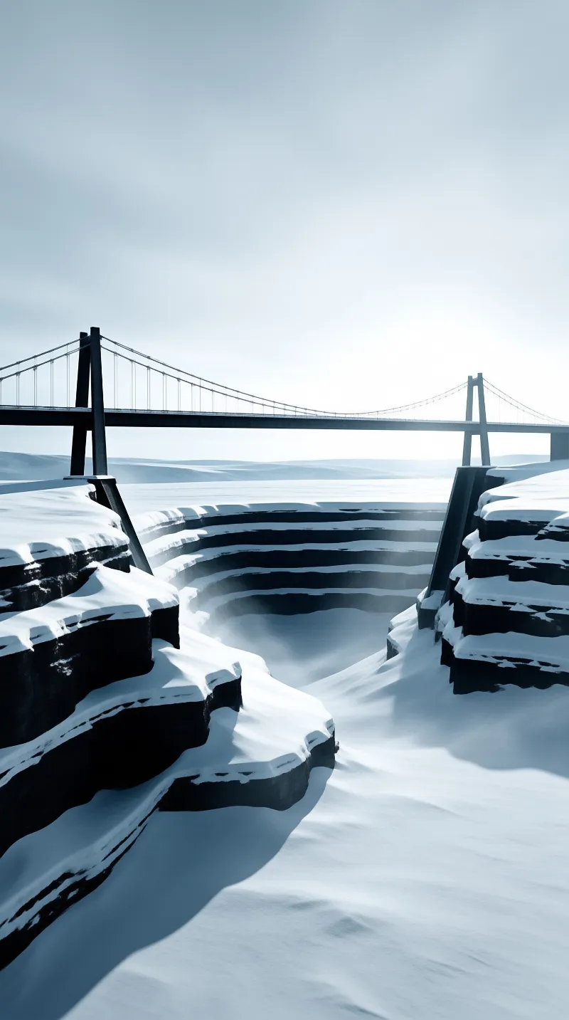 Suspension bridge spans snowy canyon with layered rock walls and mist rising from the valley floor below.
