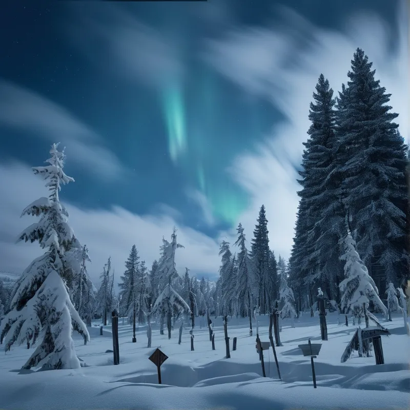 Snowy Forest Under Aurora