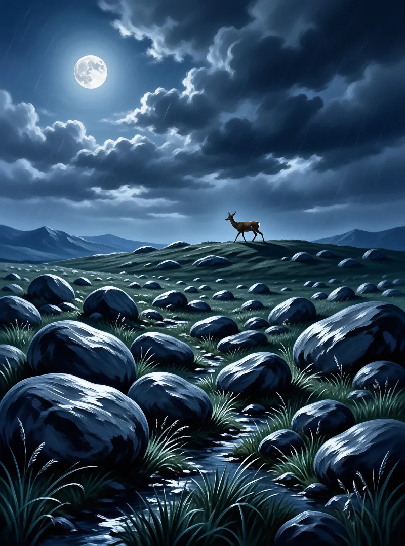 A lone deer stands atop a grassy ridge surrounded by large boulders while a full moon shines through dark clouds.