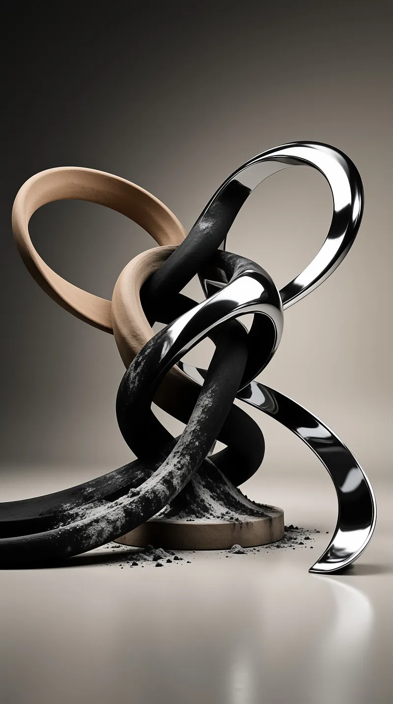 A sculptural knot tangles glossy chrome, pale timber and a matte black strip above a beige pedestal.