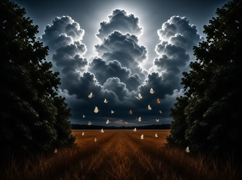 Butterflies fly over a golden field beneath towering dark clouds illuminated by bright sunlight breaking through the center.