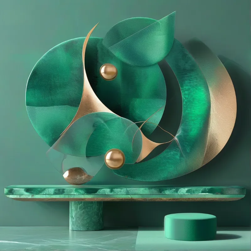 Emerald green sculpture with brass accents sits on a green marble shelf against a teal wall beside a small teal stool.