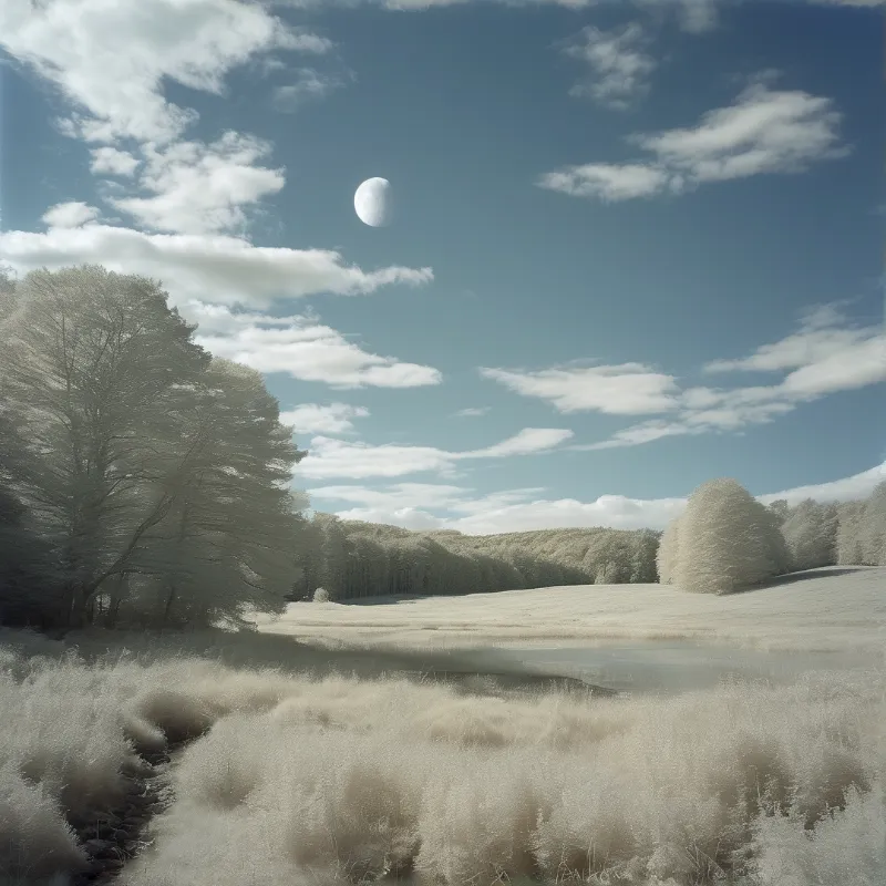 Pale vegetation covers a grassy field while a half moon hangs in the scattered clouded sky.