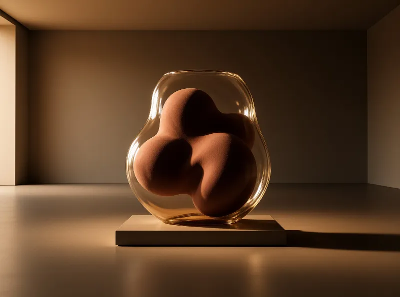 A transparent container rests on a platform, enclosing a matte brown form within warm, directional lighting.