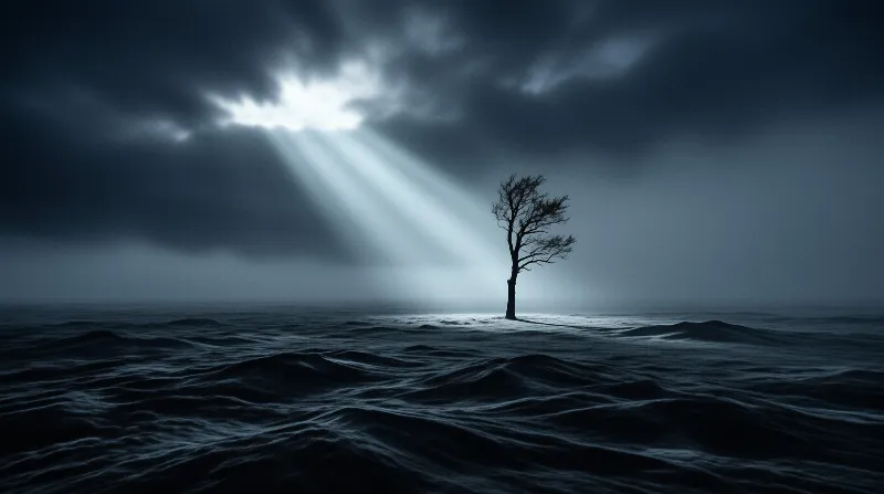 A single bare tree stands in a black rippling sea as pale light breaks through heavy storm clouds above the horizon.