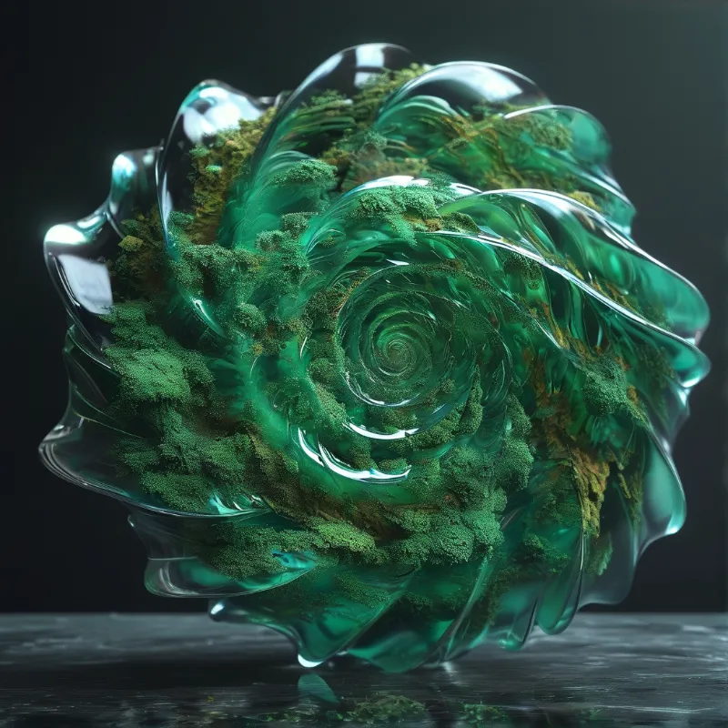 A swirling green glass form encasing moss rests upon a dark reflective surface.