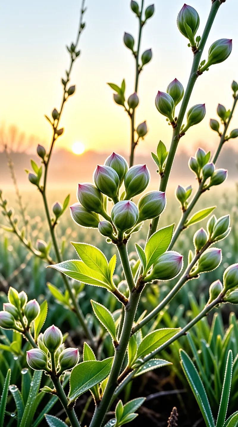 Tight green buds with pink tips rest on slender stems against a blurred golden sunrise and misty field horizon.