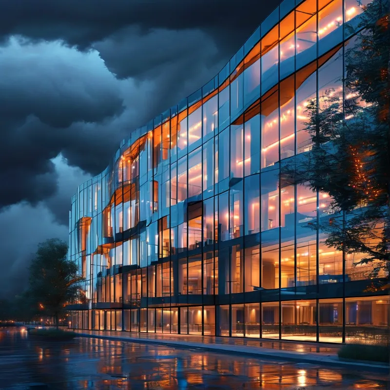 Glass Office at Stormy Dusk