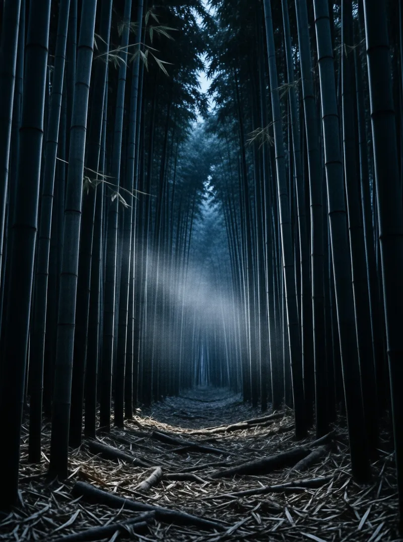 Tall dark bamboo stalks line a forest path leading toward a distant shaft of pale blue light.
