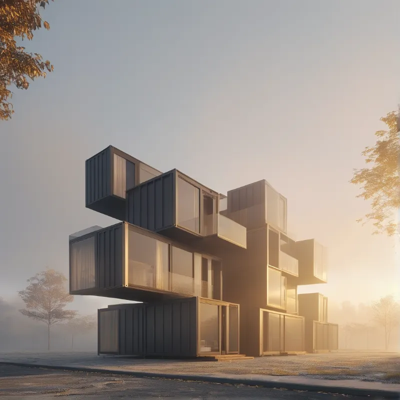 A multi-story shipping container house with large glass windows and balconies stands in a misty landscape bathed in warm light.