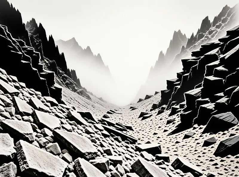 High contrast scene featuring geometric snow covered boulders flanking a foggy mountain corridor