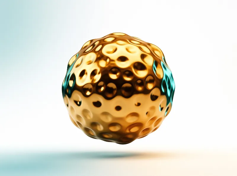 A reflective amber sphere with deep dimples hovers above a soft gradient background casting a subtle shadow.