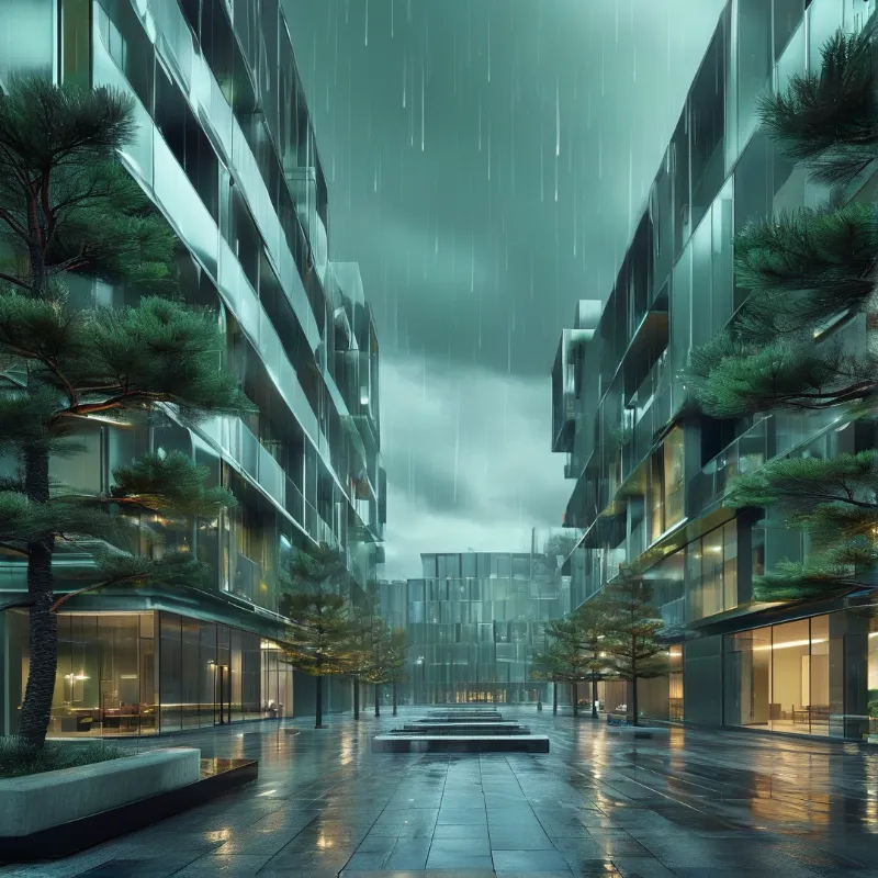 Tall glass residential towers flank a wet pedestrian path during a heavy rainstorm under a dim teal sky.