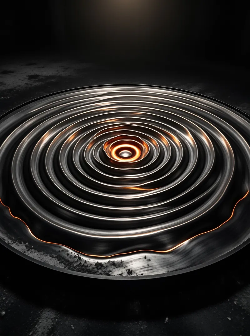 A circular metallic surface features concentric silver ripples surrounding a bright orange glowing center.