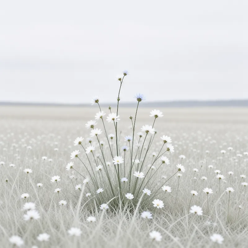 A cluster of small white wildflowers rises from a field of fine silvery grass beneath a diffuse pale sky.
