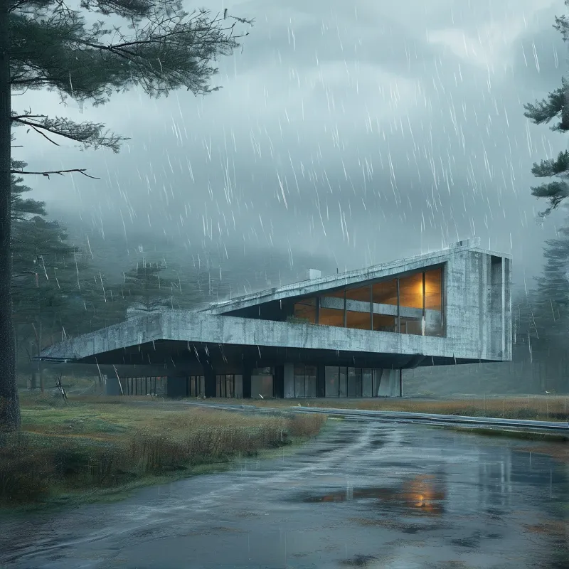 A concrete building stands in a misty pine forest while heavy rain falls and warm light shines from inside.