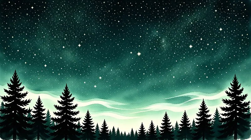 Coniferous trees form a dark border along the bottom while a deep green sky shines with scattered stars.