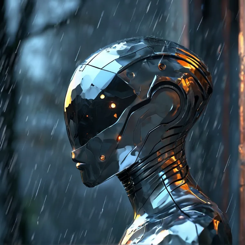 A reflective metallic robot head with glowing amber sensors turns toward a rainy nighttime cityscape.
