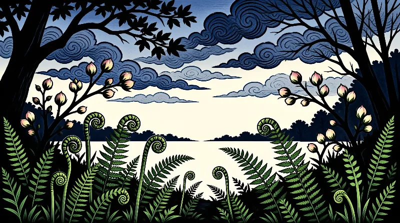 A stylized print of spiral ferns and pink magnolia buds looks out over dark water beneath swirling indigo clouds