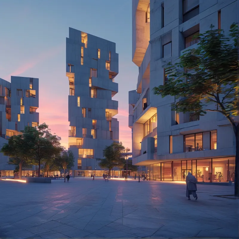 Blocky white residential towers with warm interior lighting overlook a paved plaza at twilight, scattered with trees.