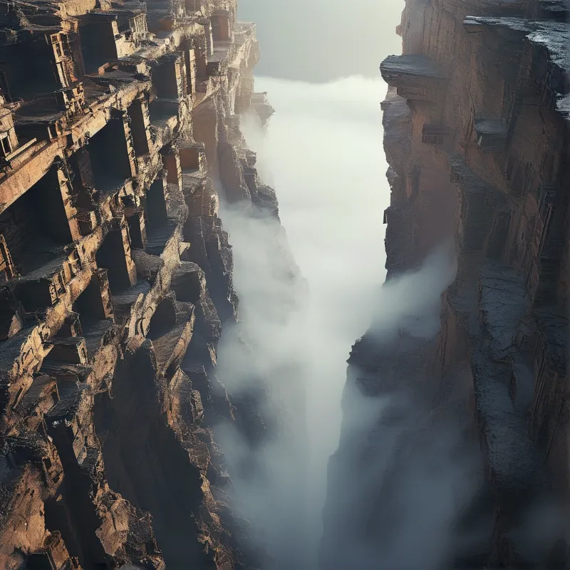 A vertical view of jagged canyon walls carved with ancient openings surrounded by dense rising mist.