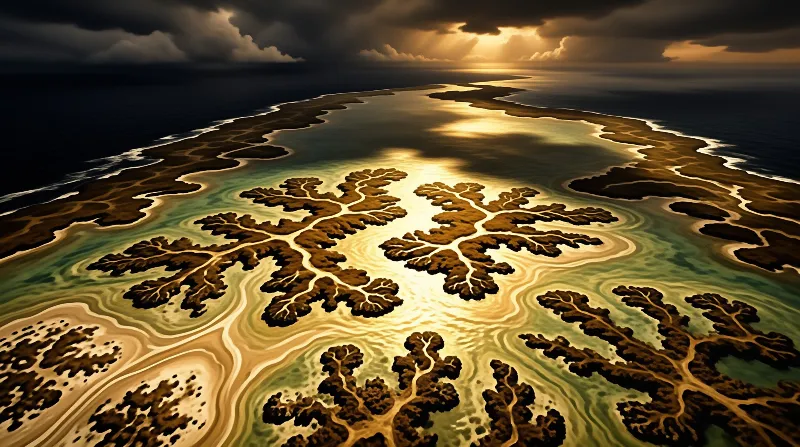 Aerial view of sunlit sandbars braided with branching water channels beneath heavy dark clouds at sunset.