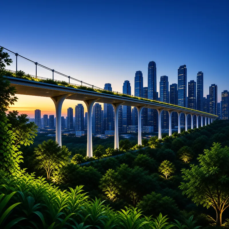 A long elevated bridge with greenery on top stretches across a dense forest towards a city skyline at dusk.