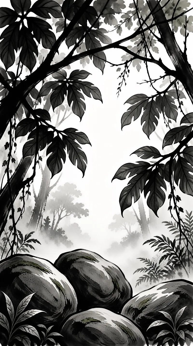 A grayscale ink wash scene displays large smooth rocks at the bottom framed by hanging leaves and a misty background.