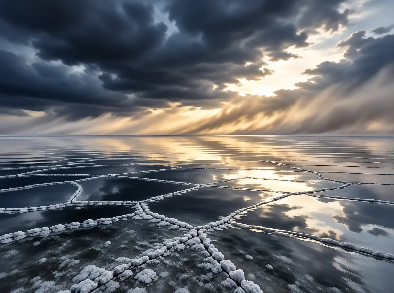 Vast salt flats with white crystalline borders reflect the golden sunbeams breaking through dark clouds.