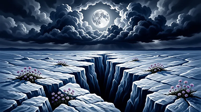 A painted seascape shows broken ice sheets split by deep crevices where small purple flowers grow under a glowing moon.
