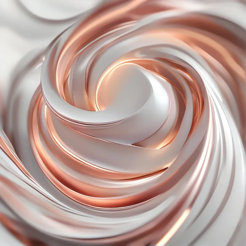 A close-up view of swirling rose gold and white liquid forms creating a smooth glossy spiral pattern.