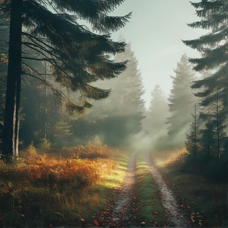 A dirt path winds through a misty pine forest where sunlight filters through the trees onto the autumn undergrowth.