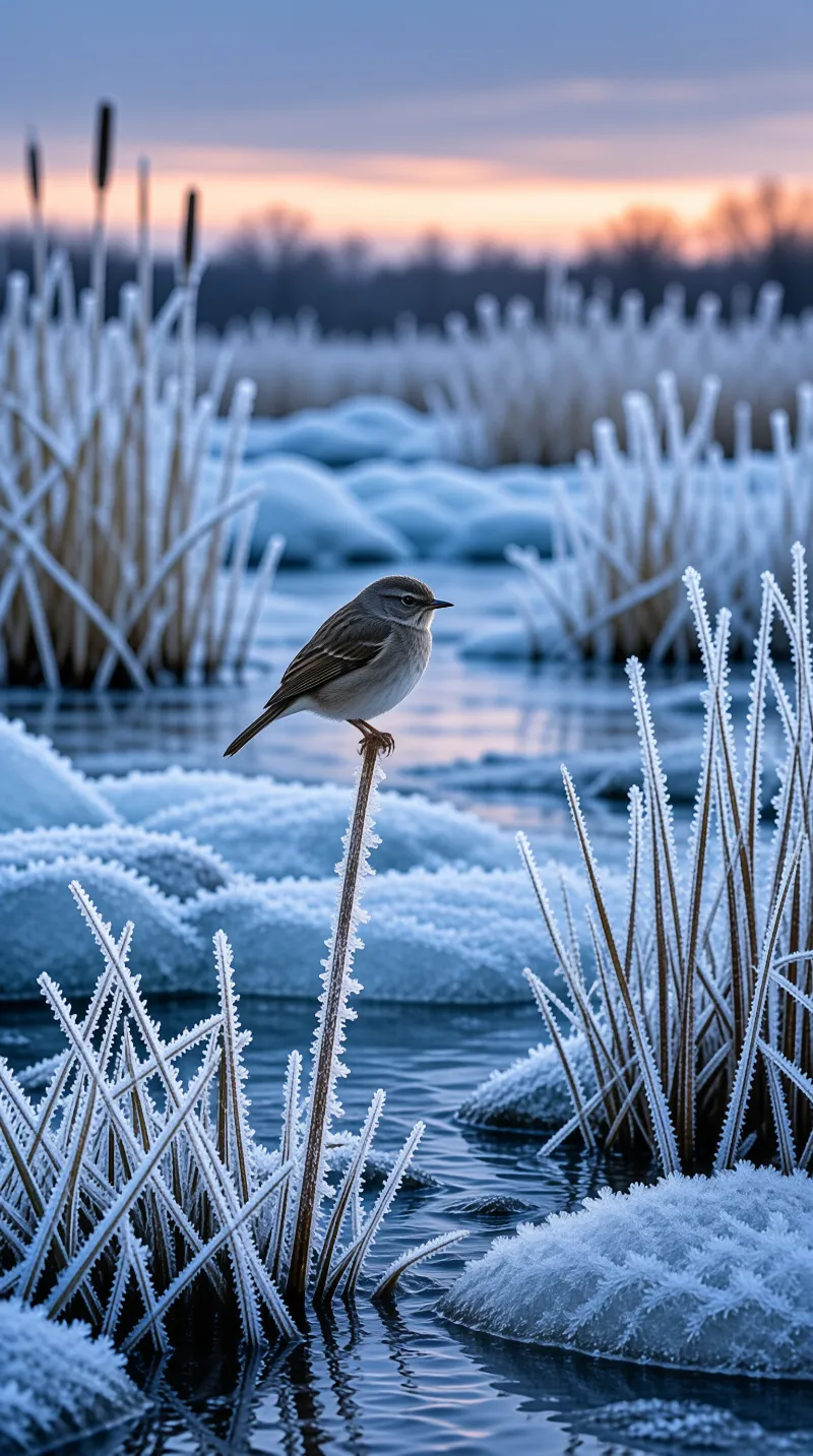 A small bird rests on a frosty reed amidst frozen waters during the blue hour of twilight.