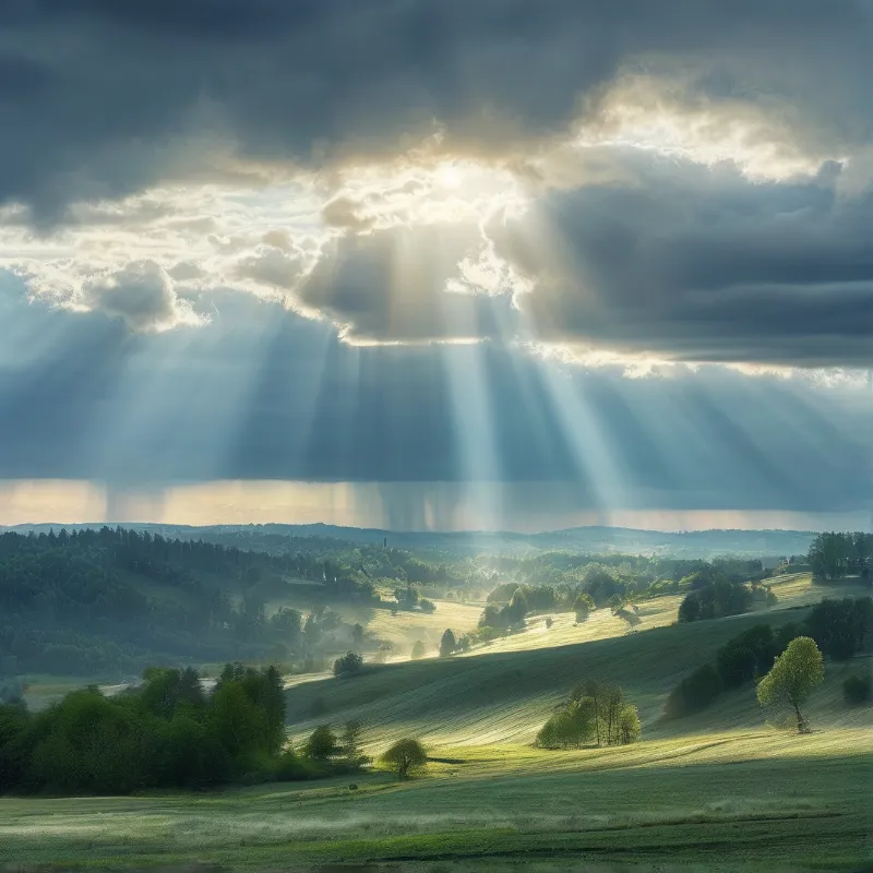 Sunlight streams through heavy clouds illuminating rolling green hills and scattered trees under a moody sky