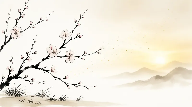 A flowering plum branch with pink buds reaches from the left above pale mountains and a glowing golden sun