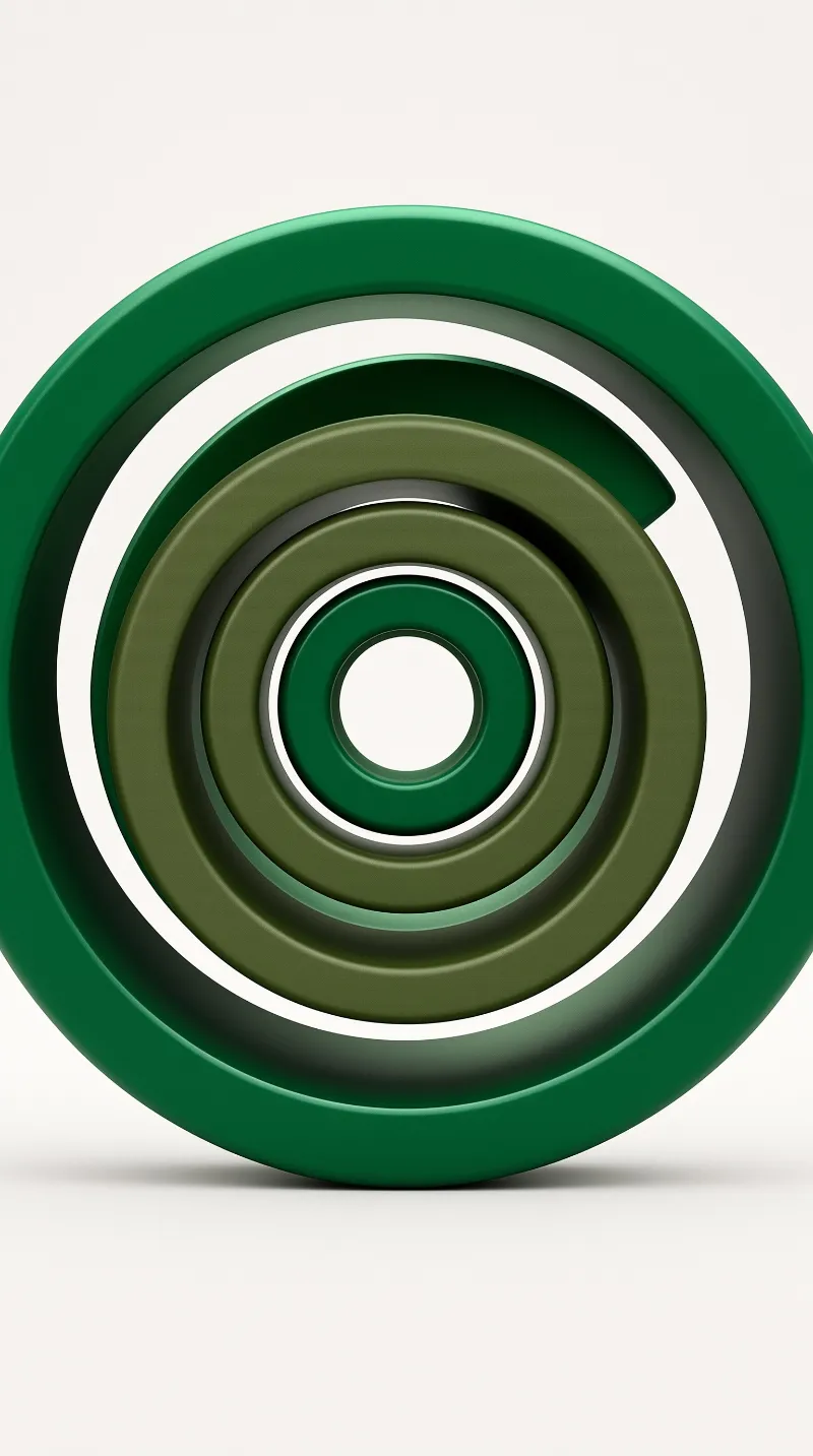A set of concentric rings in varying shades of green forms a deep geometric tunnel with soft lighting.
